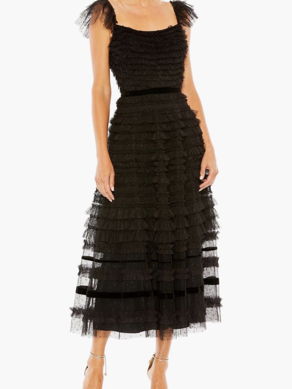 Mac Duggal Black Ruffled Tulle Midi Dress